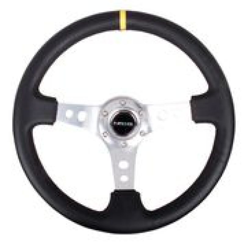 NRG Reinforced Steering Wheel (350mm / 3in. Deep) Blk Leather w/Circle Cut Spokes &amp; Single Yellow CM