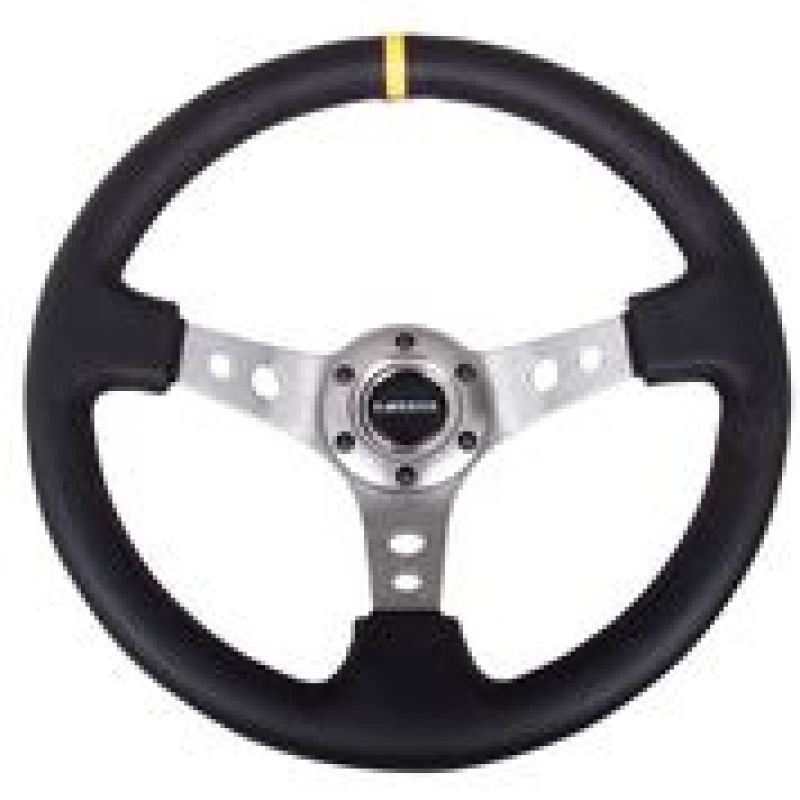 NRG Reinforced Steering Wheel (350mm / 3in. Deep) Blk Leather w/Gunmetal Cutout Spoke &amp; Yellow CM