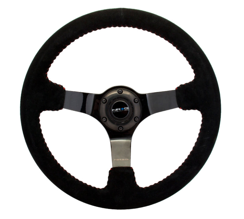 NRG Reinforced Steering Wheel (350mm / 3in. Deep) Blk Suede w/Red BBall Stitch &amp; Black 3-Spoke