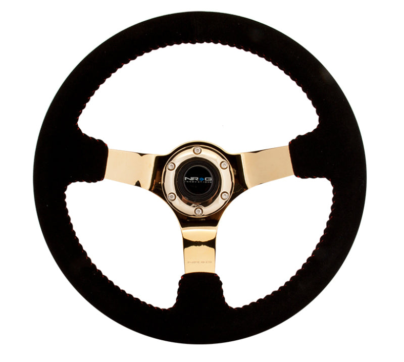 NRG Reinforced Steering Wheel (350mm / 3in. Deep) Blk Suede w/Red BBall Stitch &amp; Chrome Gold 3-Spoke