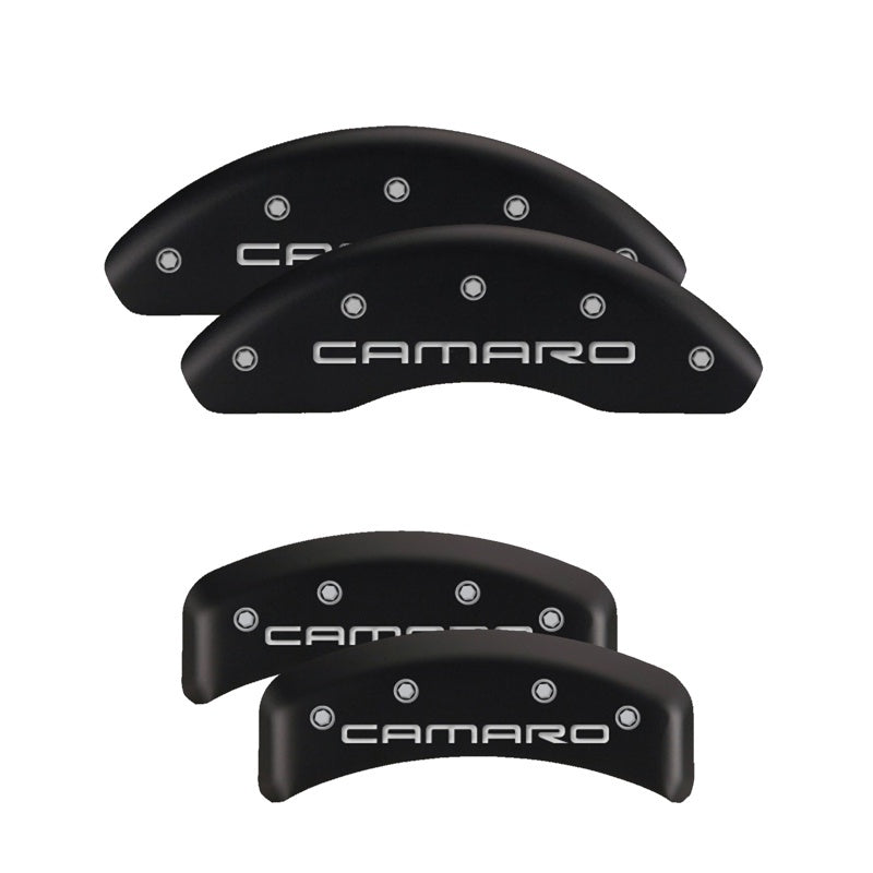 MGP 4 Caliper Covers Engraved Front &amp; Rear With stripes/Challenger Black finish silver ch