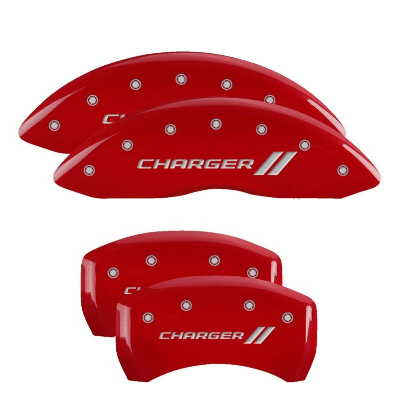MGP 4 Caliper Covers Engraved Front &amp; Rear With stripes/Charger Red finish silver ch