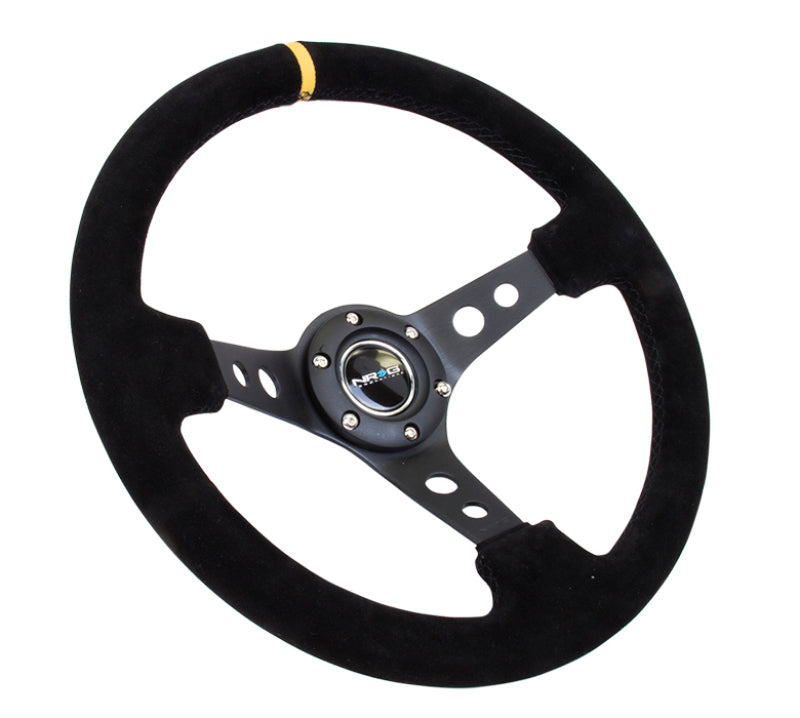 NRG Reinforced Steering Wheel (350mm / 3in. Deep) Blk Suede w/Circle Cut Spokes &amp; Single Yellow CM