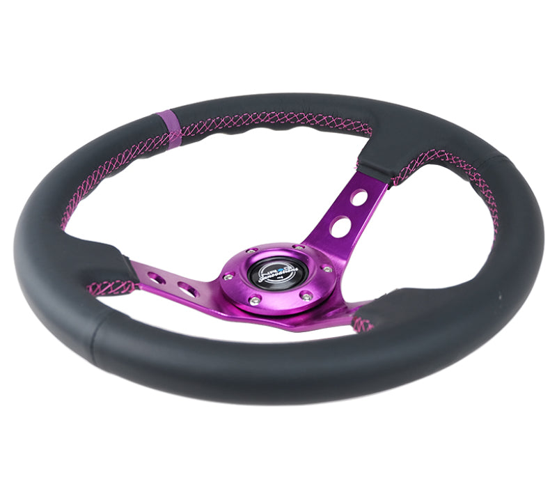 NRG Reinforced Steering Wheel (350mm / 3in. Deep) Black Leather w/Purple Center &amp; Purple Stitching