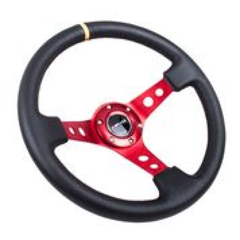 NRG Reinforced Steering Wheel (350mm / 3in. Deep) Blk Leather w/Red Spokes &amp; Sgl Yellow Center Mark