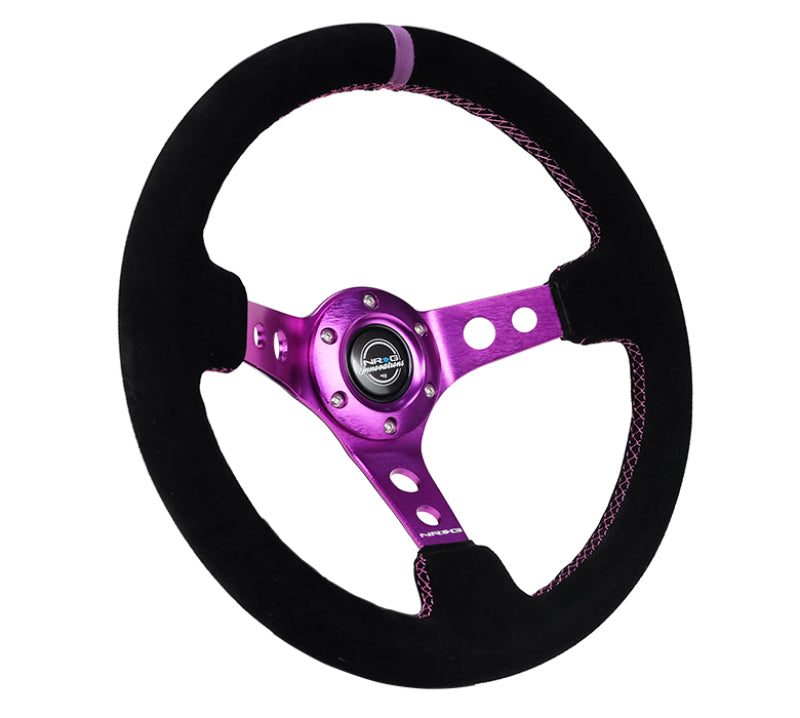 NRG Reinforced Steering Wheel (350mm / 3in. Deep) Black Suede w/Purple Center &amp; Purple Stitching