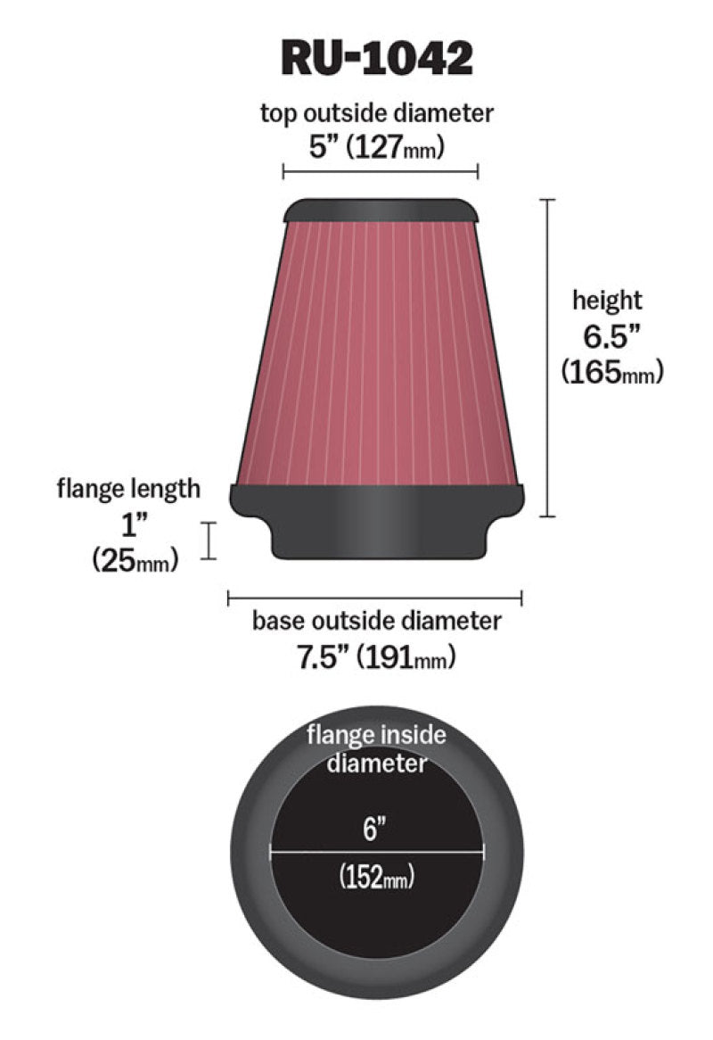 K&amp;N Universal Clamp-On Air Filter 6in FLG / 7-1/2in B / 5in T / 6-1/2in H