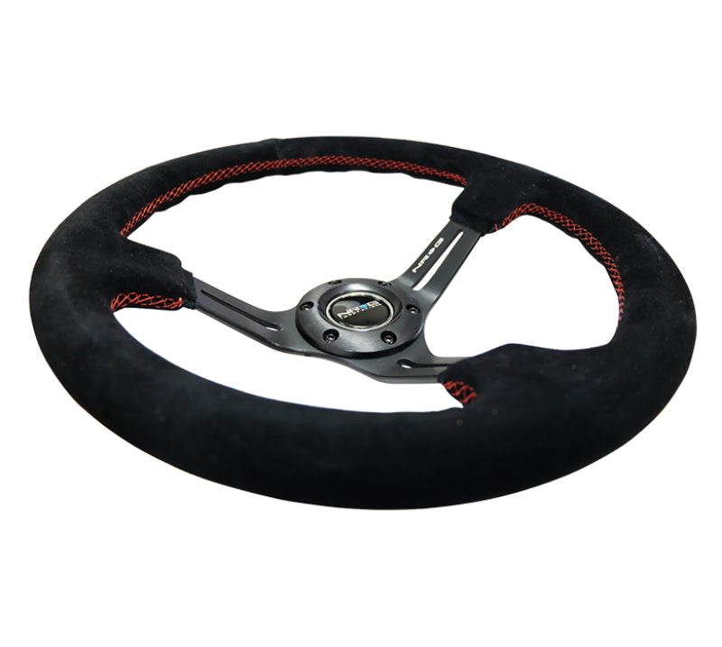 NRG Reinforced Steering Wheel (350mm / 3in. Deep) Blk Suede w/Red Stitching &amp; 5mm Spokes w/Slits