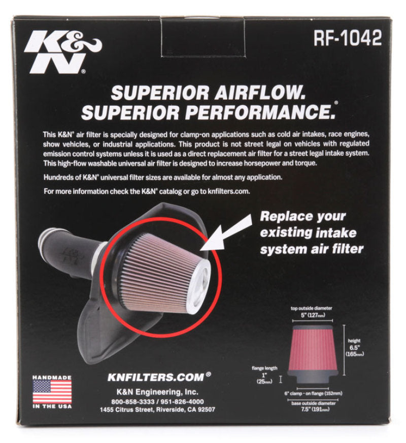 K&amp;N Round Tapered Universal Air Filter 6in Flange ID x 7.5in Base OD x 5in Top OD x 6.5in Height