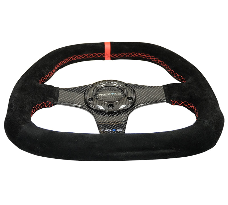 NRG Carbon Fiber Steering Wheel (320mm) Flat Btm. Blk Suede/Red Stitch w/CF Spokes &amp; Red Center Mark