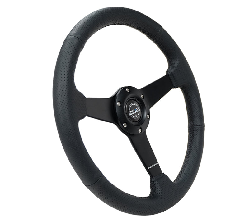 NRG Sport Steering Wheel (350mm / 1.5in Deep) Black Leather Black Stitch w/Matte Black Solid Spokes