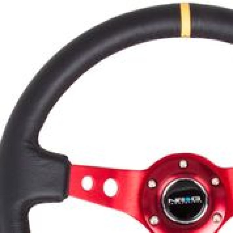 NRG Reinforced Steering Wheel (350mm / 3in. Deep) Blk Leather w/Red Spokes &amp; Sgl Yellow Center Mark