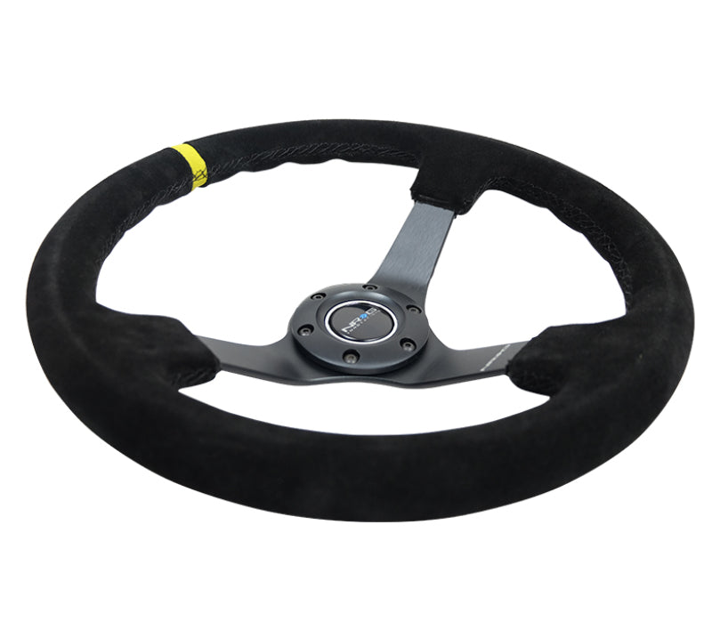 NRG Reinforced Steering Wheel (350mm / 3in. Deep) Blk Suede/X-Stitch w/5mm Blk Spoke &amp; Yellow CM