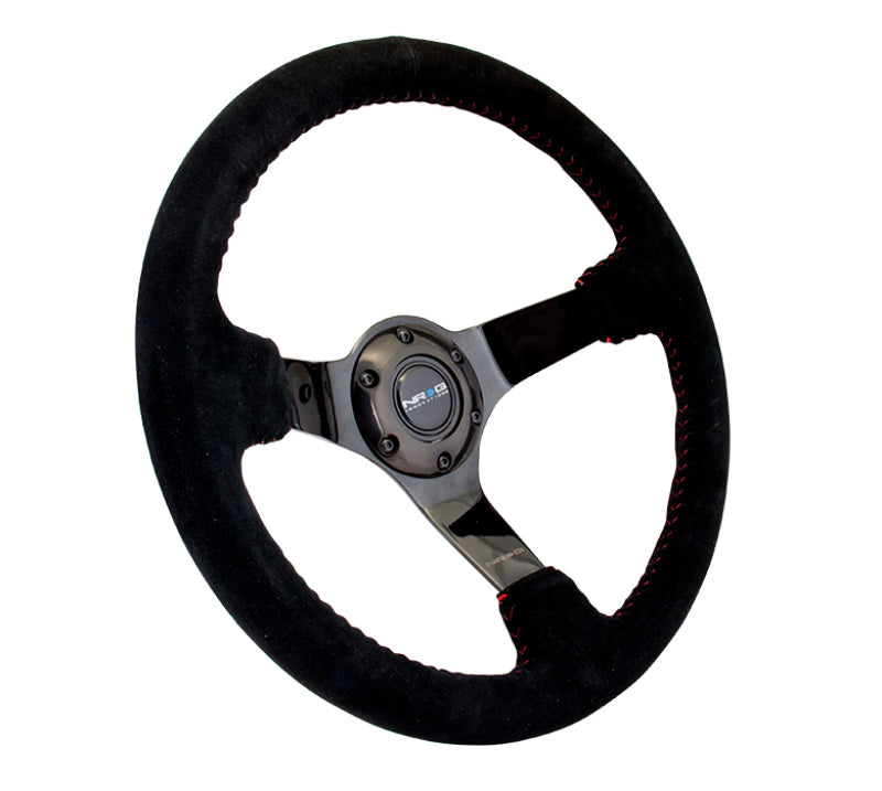 NRG Reinforced Steering Wheel (350mm / 3in. Deep) Blk Suede w/Red BBall Stitch &amp; Black 3-Spoke