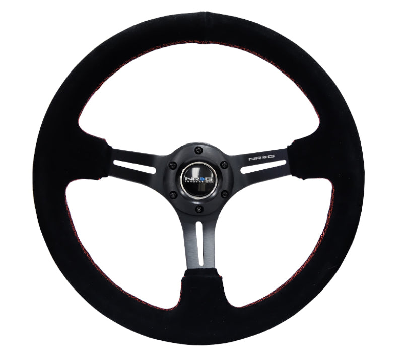 NRG Reinforced Steering Wheel (350mm / 3in. Deep) Blk Suede w/Red Stitching &amp; 5mm Spokes w/Slits