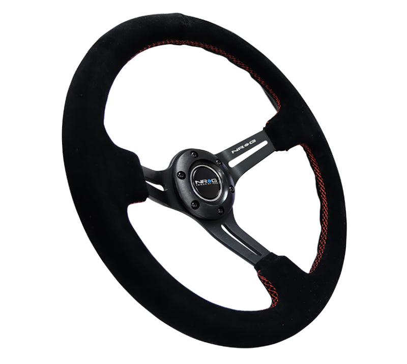 NRG Reinforced Steering Wheel (350mm / 3in. Deep) Blk Suede w/Red Stitching &amp; 5mm Spokes w/Slits