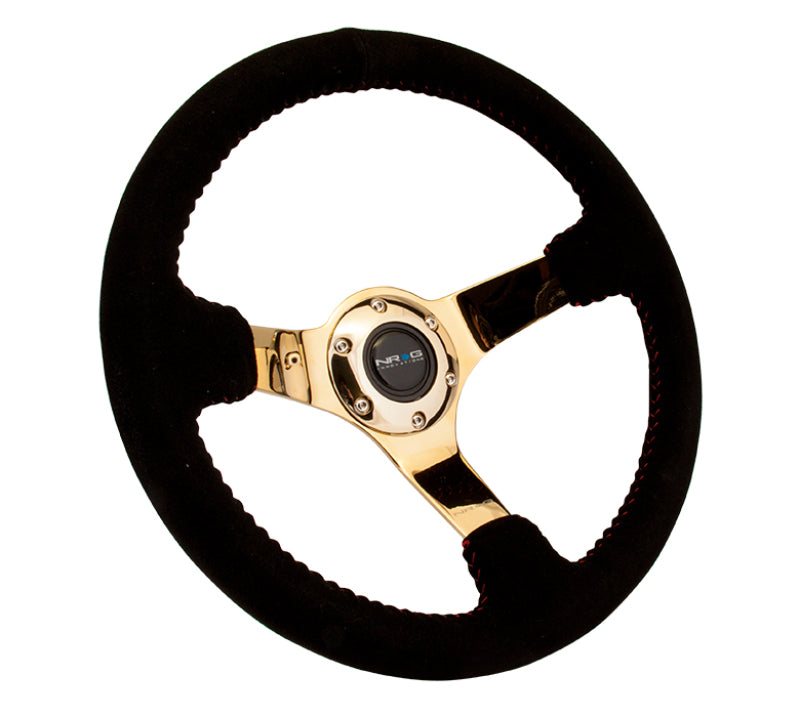 NRG Reinforced Steering Wheel (350mm / 3in. Deep) Blk Suede w/Red BBall Stitch &amp; Chrome Gold 3-Spoke